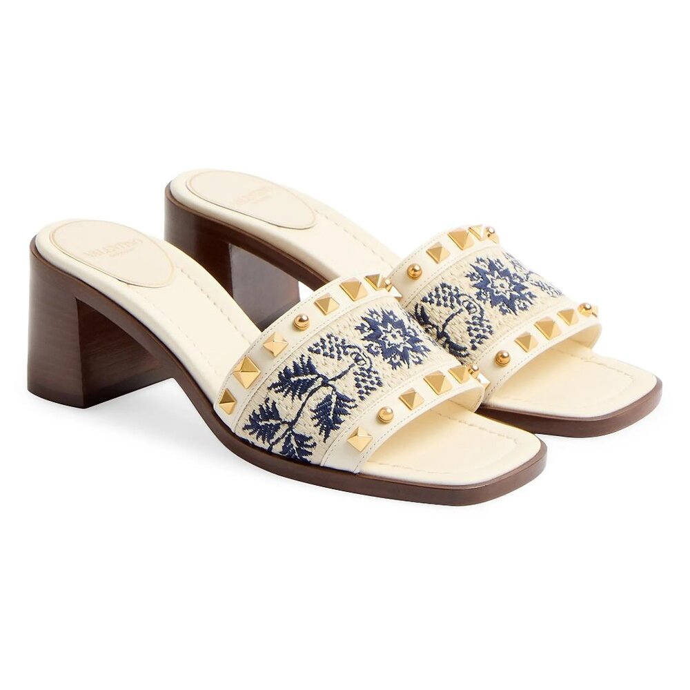 Valentino County Rockstud Slide Sandals Embroidered Mules Heels Shoes - Picture 2 of 16